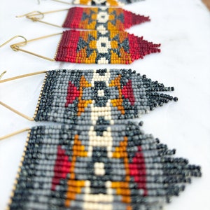 Desert Sun Red Triangle Hoop Seed Bead Earrings Handmade with Brass Triangle and Niobium Ear Wires Ready To Ship image 5