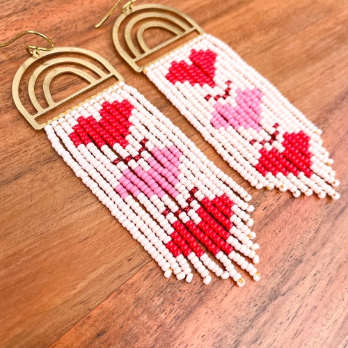 Hearts in a Row | Red & Pink Hearts with Brass Rainbow | Handmade Seed Bead Earrings with Fringe | This Unique popular Gift for Her is Ready to Ship