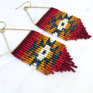 Desert Sun Red Triangle Hoop Seed Bead Earrings Handmade with Brass Triangle and Niobium Ear Wires Ready To Ship image 3