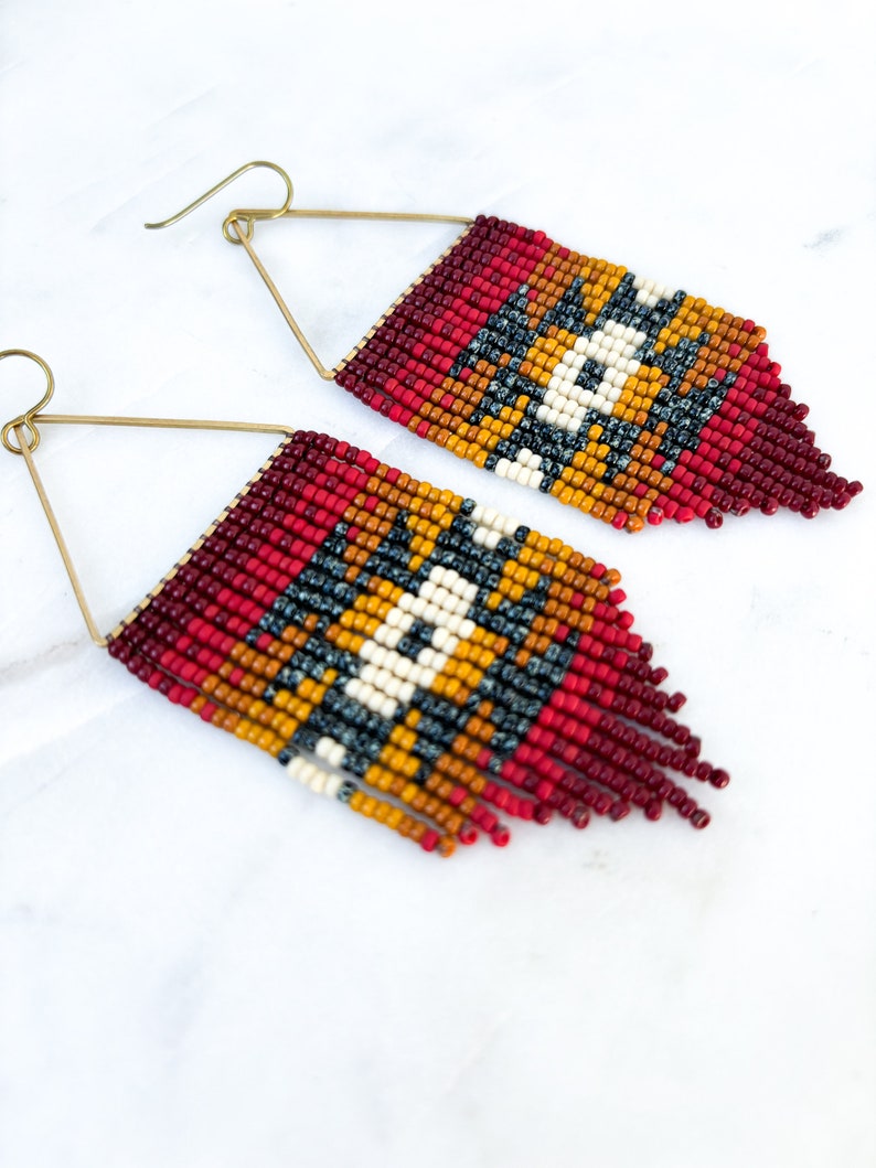 Desert Sun Red Triangle Hoop Seed Bead Earrings Handmade with Brass Triangle and Niobium Ear Wires Ready To Ship image 3