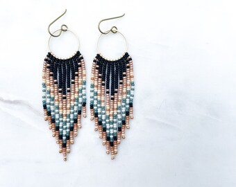 Mini Butterfly Fringe | Black, Cream, Gold, Black + Blue Seed Bead Earrings | Handmade with Brass Hoop & Niobium Ear Wires | Ready To Ship