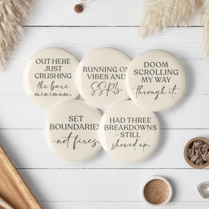 Get It Girl Mentality Button Set – Funny Mental Health Pins | SSRIs, Doom Scrolling, Bare Minimum, Boundaries, Breakdown Humor