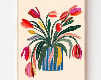 Colorful Tulip Vase Print, Modern Boho Floral Wall Art (Digital Download)