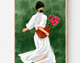 Vrouw met bloemenprint, moderne boho-bloemenillustratie (digitale download)