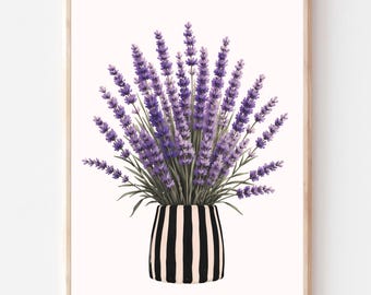 Lavendelvaasprint, handgeschilderde botanische kunst, Frans landelijk Scandinavisch decor (digitale download)