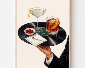 Vinyl Cocktail Wall Art, Music Bar Decor, Jazz Lounge Poster, Mid-Century Print (Digital Download)