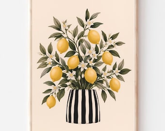 Citroentak vaas print, botanische keuken kunst aan de muur, mediterrane bloemen poster (digitale download)