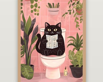 Black Cat Reading on Toilet Art Print, Funny Bathroom Decor (Digital Download)