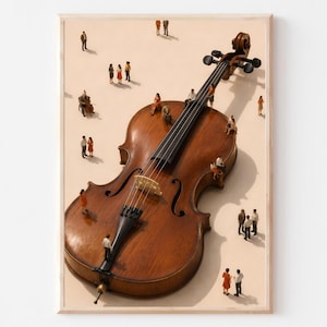 Può includere: Un grande violoncello in legno marrone posizionato in diagonale su uno sfondo beige chiaro, circondato da numerose minuscole figure di persone in piedi, sedute e che camminano attorno allo strumento, creando un contrasto di scala surreale.