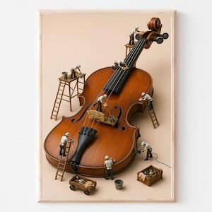 Puede incluir: Un violín de madera grande se muestra con varias figuras en miniatura con uniformes blancos trabajando en su superficie usando escaleras, andamios y herramientas pequeñas. El violín presenta un acabado marrón pulido, un diapasón negro y un puente.