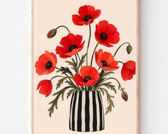 Red Poppy Vase Print, Botanical Flower Art, Scandinavian Boho Decor (Digital Download)
