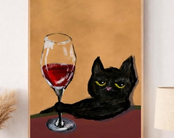 Black Cat Wine Art Print, humeurige Sarcastic Cat poster (digitale download)