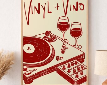 Vinyl and Wine Line Art Print, Minimalist Turntable Sketch, Music Lover Decor (Digital Download)