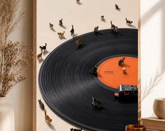 Cats on Vinyl Record Art Print, Minimalist Music Lover Decor (Digital Download)