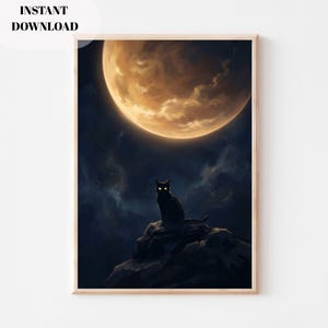 Black Cat Moon Poster, Cosmic Celestial Wall Art, Mystic Witchy Print (Digital Download)