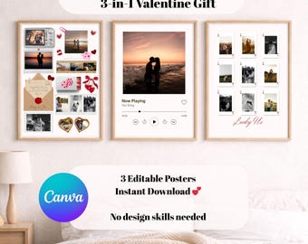 Editable Love Story Poster Set, 3-in-1 Valentine Gift, Photo Collage & Song Poster, Canva Template