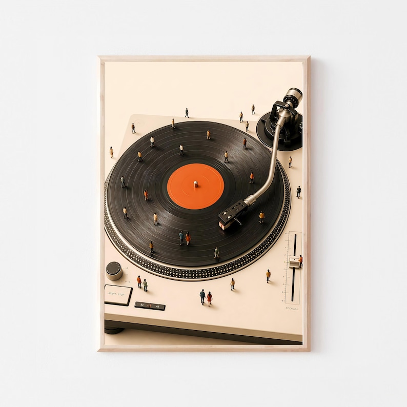 May include: A cream-colored turntable featuring a black vinyl record with a bright orange center label. Numerous tiny, miniature-scale figures are scattered across the surface of the record and the turntable base, creating a surreal, diorama-like scene.