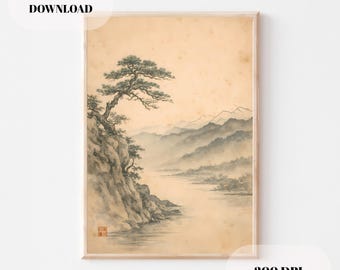 Vintage Japanese Landscape Print, Zen Japandi Wall Art (Digital Download)