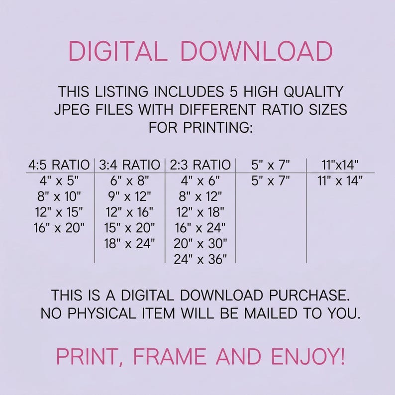 May include: A digital download information chart on a light purple background. It lists five high-quality JPEG files with various ratio sizes for printing, including 4:5, 3:4, and 2:3 ratios, plus 5x7 and 11x14 inch dimensions. Text states no physical item is mailed.