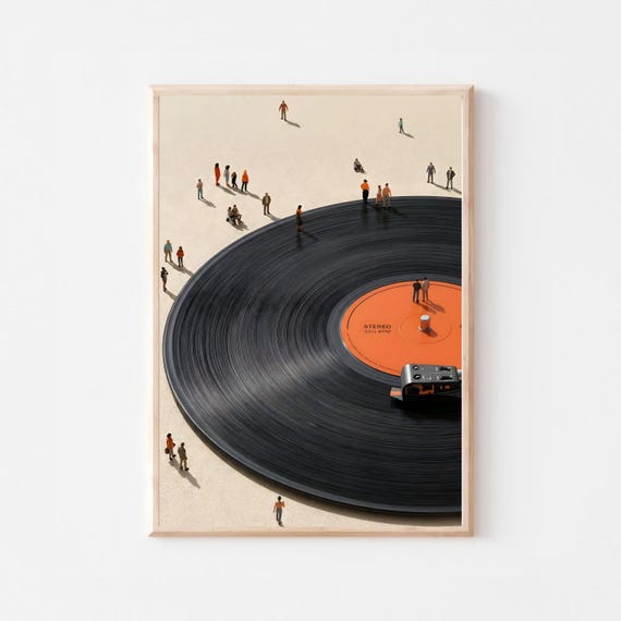 Minimalist Vinyl Record Poster, Retro Music Wall Art, Surreal Artwork (Digital Download)