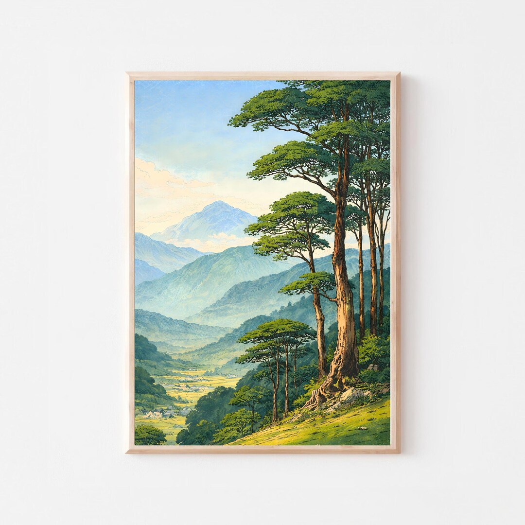 Kyoto Valley Pines Japanese Mountain Landscape Print, Vintage Japandi ...