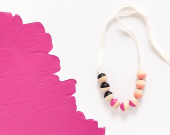 Black, Fuchsia, Coral, Mini Ribbon Necklace