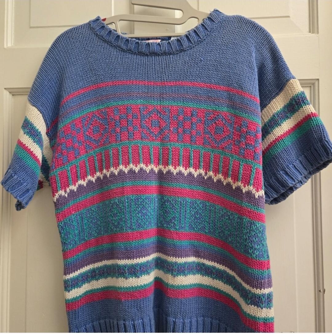 Vintage 80s Colorblock Knit Sweater – Short Sleeve Retro Pullover - Etsy