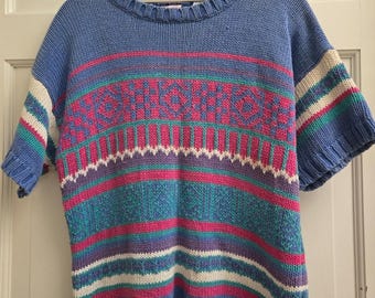 Vintage 80s Colorblock Knit Sweater – Short Sleeve Retro Pullover