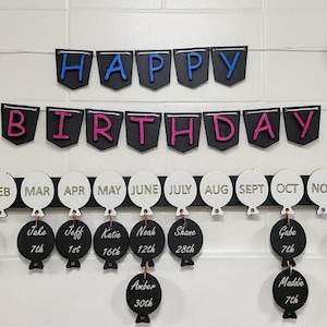 May include: A wooden birthday calendar with a pencil design. The banner reads "HAPPY BIRTHDAY" in blue and pink letters. Below are balloons with months and names, and dates. A decorative piece for birthdays.
