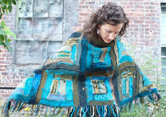 Items similar to Hand-knit Poncho, Blue and Green, 100% Pure New ...