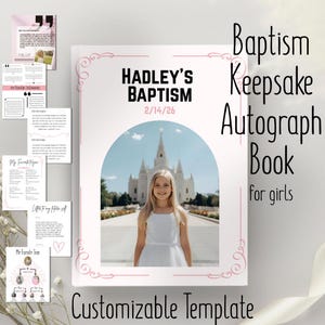 Puede incluir: Un libro de autógrafos de recuerdo de bautizo personalizable para niñas. La portada presenta una foto de una niña con un vestido blanco frente a una iglesia. El libro incluye el texto "HADLEY'S BAPTISM 2/14/26" y "Baptism Keepsake Autograph Book for girls."