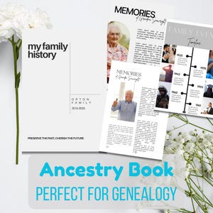 May include: A collection of family history books and documents. The main book cover reads "my family history" with the family name and dates. Other pages include photos and the text "MEMORIES of Grandpa Seawright" and "FAMILY EVENTS Timeline". The text "Ancestry Book" is also visible.