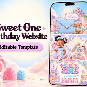 Könnte beinhalten: Ein Smartphone zeigt eine bearbeitbare Vorlage für eine Sweet One Geburtstag-Website mit einem bonbonfarbenen Design, einem Teddybären, einem Kind, einem Hasen, einem Schloss und dem Text Sweet One, Our Little Sweetheart Is Turning One, Emma.