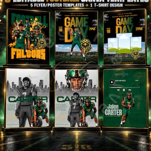 May include: A set of six editable football Canva templates featuring five flyer or poster designs and one t-shirt design. The graphics display football players in green uniforms, stadium backgrounds, and text including Game Day, Falcons, and Carter.