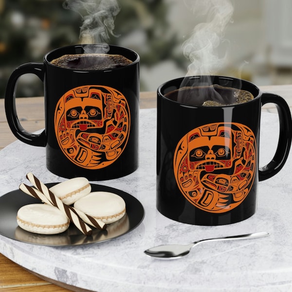 Bear and Salmon, orange and burgundy - PNW flat design totem Alaska art Tlingit Haida two-sided 11 oz Black Coffee Mug