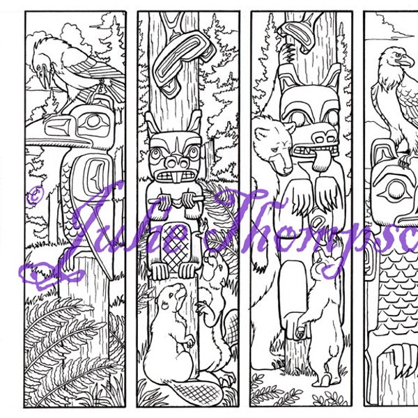 Pacific Northwest Totem Animals - set of four printable coloring bookmarks