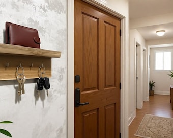 Llavero de roble con estante, organizador de entrada de pared, perchero rústico de madera con 4 ganchos, decoración de pasillo hecha a mano