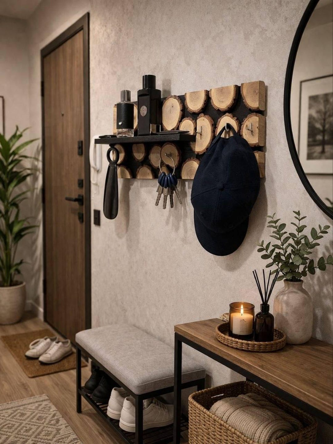 Rustic Wood Wall Key Holder With Shelf, Live Edge Log Decor, Entryway ...
