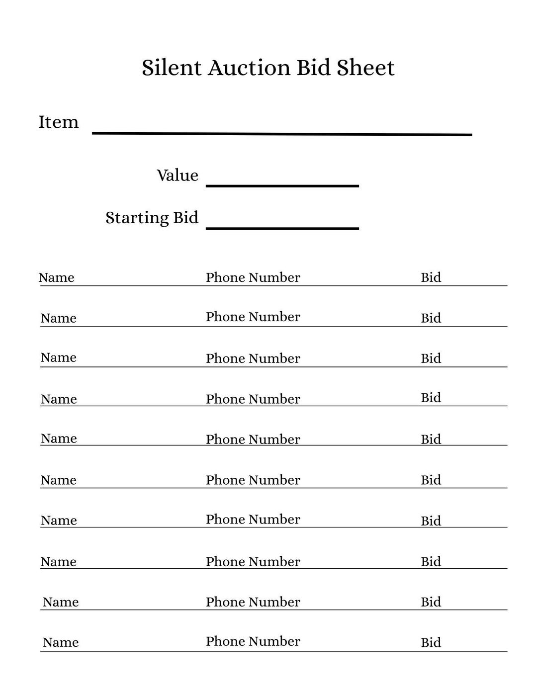 Silent Auction Bid Sheet Printable Instant Download - Etsy