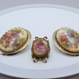 Vintage Gold-Toned French Hand-Painted Porcelain Courting Scene By Artist Fragonard Brooches and Pendant - Fine Estate Jewelry