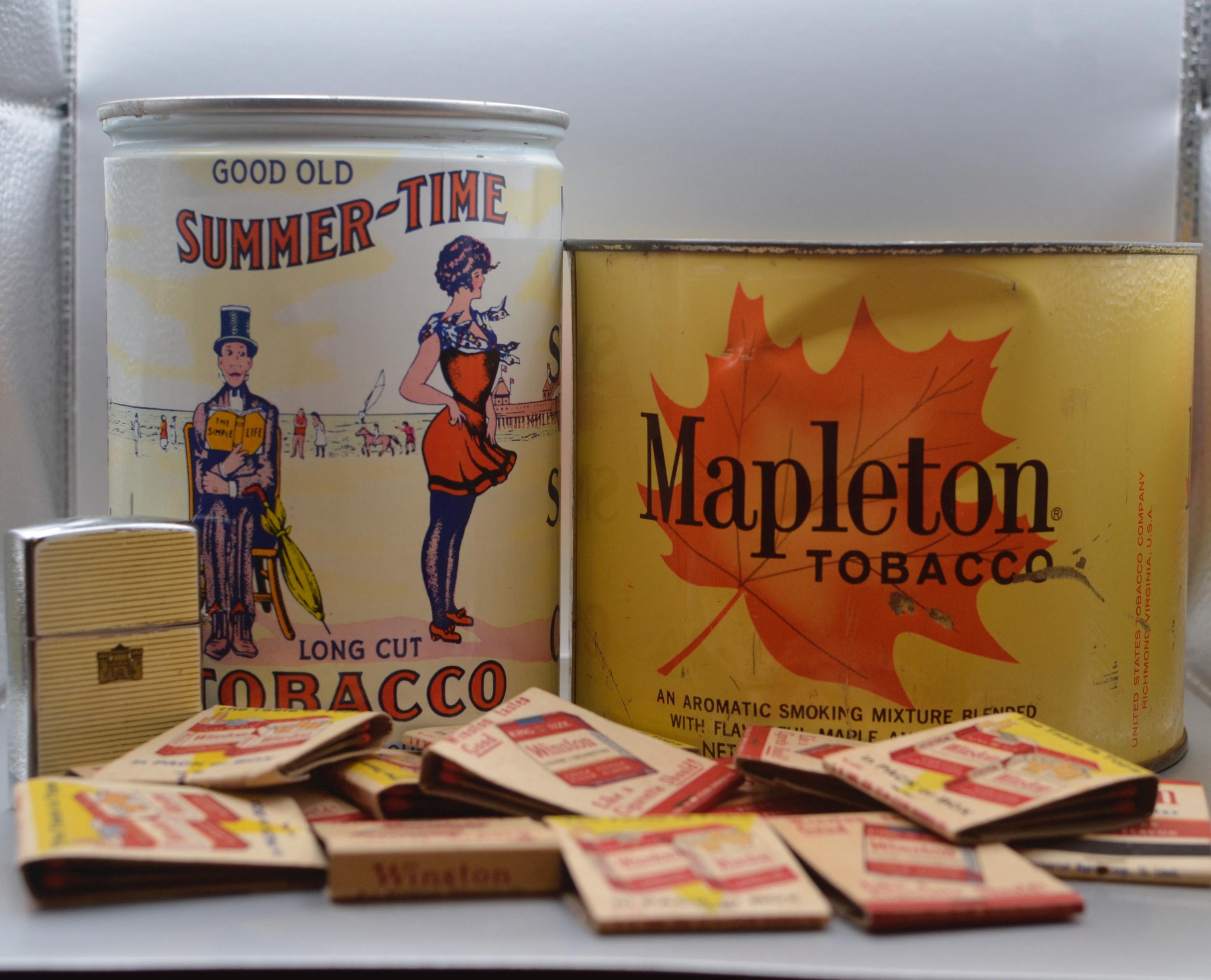mapleton cigarettes Mapleton TobaccoTin, Summer-Time Tobacco Tin, Hadson Kent Castle Lighter,  and Winston Matchbooks
