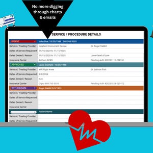 May include: A laptop screen shows medical service details, including patient information and dates. The text "No more digging through charts & emails" is above the screen. A red heart with a blue heartbeat line is in the foreground.