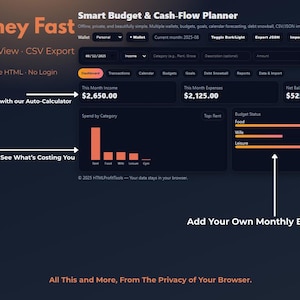 May include: A dark-themed financial dashboard with orange and white text. The interface displays income, expenses, and budget status. Features include auto totals, monthly view, and CSV export. The text reads "Track Money Fast" and "Smart Budget & Cash-Flow Planner."
