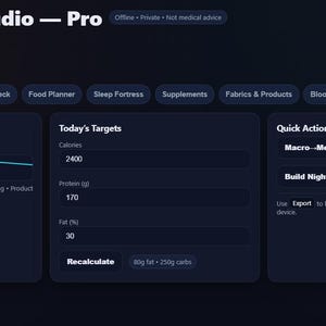 May include: Screenshot of the T-Optimize Studio Pro interface, featuring a dark blue design with orange accents. The dashboard displays data on foundations, targets, and quick actions, including calorie and protein intake. The interface includes buttons for export, import, and print.