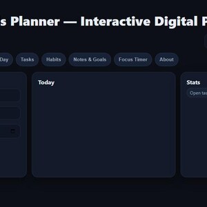 Peut inclure: Capture d'écran du planificateur numérique interactif HTMLProfitTools. L'interface bleu foncé présente des sections pour la saisie rapide, les tâches du jour et les statistiques. Les boutons de navigation incluent 'Tableau de bord', 'Année', 'Mois' et 'Tâches'. Le texte 'HTMLProfitTools Planner' est en haut.