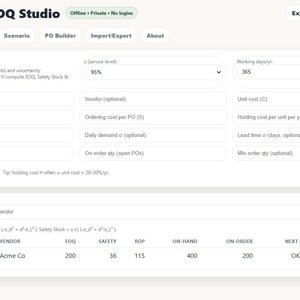 Könnte beinhalten: Screenshot der Reorder & EOQ Studio-Oberfläche. Der Bildschirm zeigt Felder zur Eingabe von Bestandsverwaltungsdaten, einschließlich SKU-Details, Jahresbedarf und Lieferzeit. Die Oberfläche enthält Schaltflächen zum Exportieren und Importieren von Daten.