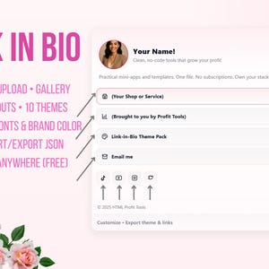 May include: A pink and white graphic promoting a link-in-bio service. Text includes "LINK IN BIO," features like photo upload, gallery, and custom fonts. A user profile with social media icons is shown. Floral accents frame the design.