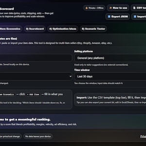 May include: Screenshot of a product success scorecard interface with a dark theme. The interface includes options for setup, item economics, and import. Text includes "Product Success Scorecard" and "Add at least 3 items to get a meaningful ranking."