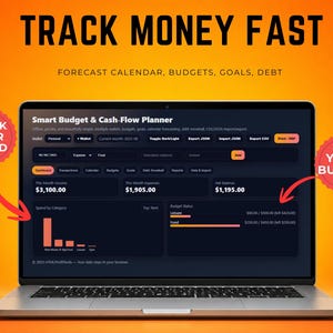 Op de afbeelding: Een laptop toont een interface voor budgettering en cashflow planning. Het scherm toont financiële gegevens, waaronder inkomsten, uitgaven en budgetstatus. De tekst op het scherm luidt "Track Money Fast" en "Set Your Budget."