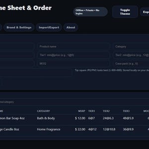 May include: A dark blue wholesale order builder interface with fields for product details, including SKU, MSRP, and product name. The interface also displays a catalog with product information like Lemon Bar Soap and Sage Candle.